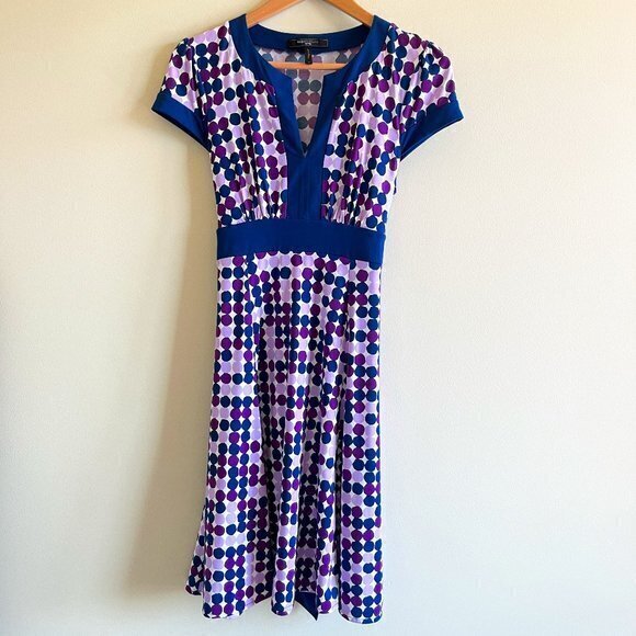 Bcbgmaxazria Dots Print Midi Flare Dress Split Neck Short Sleeve Belted … - Picture 1 of 8